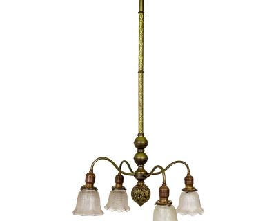 Victorian Brass Chandelier With Floral Ball & Bellflower Glass Shades