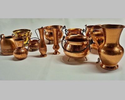 A collection of mid century (c1968) hand made copper vases, pots and other items Made in West Germany