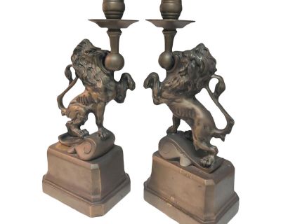 Mid 20th Century Pair of Heavy Bronze French Renaissance Lion Candle Holders