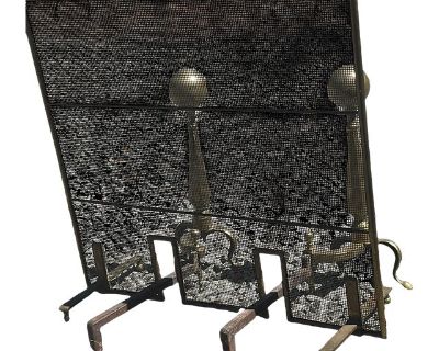 Beautiful, solid, brass andirons and fireplace screen. The set is 100 years old and an excellent condition. The screen measures 30.5x28. Dimensions 19 W 8 D 20 H Styles Art Nouveau Period 1900 - 1909 Country of Origin United States Item Type Vintage, Antique or Pre-owned Shop Sustainably with Chairish Materials Polished Brass Finish Condition Good Condition, Original Condition Unaltered, Some I...