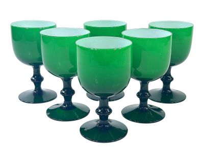 1960s Carlo Moretti Emerald Green Italian Cased Wine Goblet Stemware - Set of 6