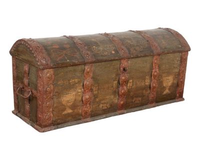 Large Original Green Painted Swedish Dome Top Trunk Dated 1844