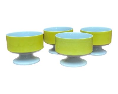 Vintage MCM Footed Sherbet Dish Set of 4 | Yellow and White Ice Cream Dessert Bowls