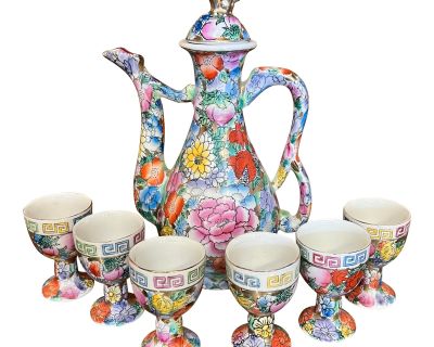 Mid 20th Century Arabic Floral Chinese Mille Fleur Wine Set- 7 Pieces