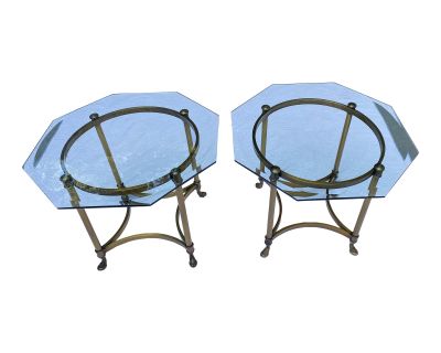 Hollywood Regency LaBarge Hoof Feet Brass Side Tables With Octagonal Glass Top - a Pair