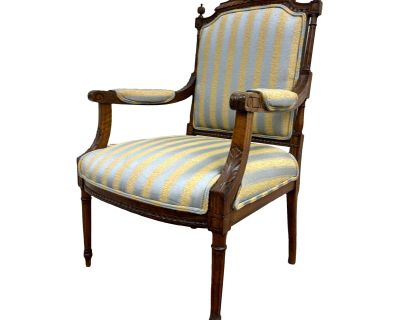 Antique French Louis XVI Style Carved Striped Upholstered Armchair