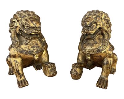 Vintage Pair Chinese Gilt Carved Wood Foo Dog / Guardian Lions Figurines
