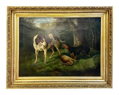 Antique Hunt Scene Dogs in the Forest Painting