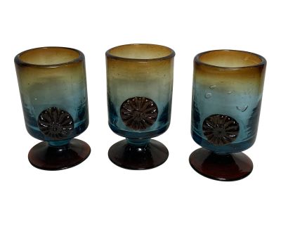 1970s Hand Blown Mexican Glass Pedestal Cocktail Glasses or Planters W Decorative Medallion - Set of 3