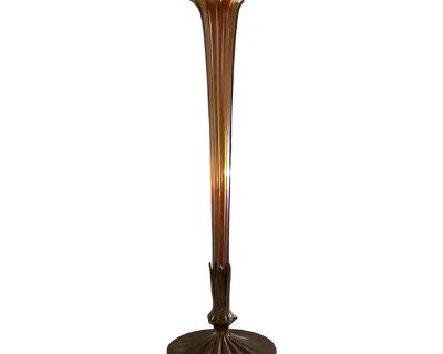 1920s LCT Tiffany Favrile Louis Comfort Furnaces Art Glass Trumpet Vase With Gilt Bronze Base