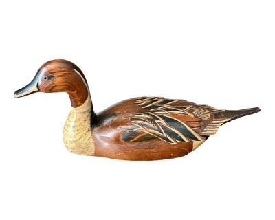 Tom Taber Signed Large Hand-Carved Duck Decoy – 1980s Vintage Folk Art