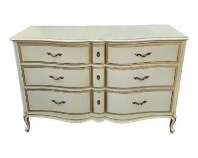 Mid 20th Century Drexel Provincial Serpentine Mahogany Partial Gilt and Cream Double Dresser