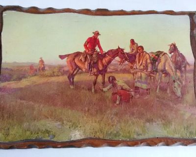 Vtg 1914 CM Russell Art Print Placed on Wood - Signed & Dated - Native American