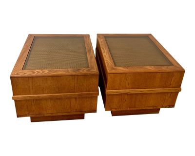Late 20th Century Wood and Caned Side Tables with Smoked Glass Tops - a Pair