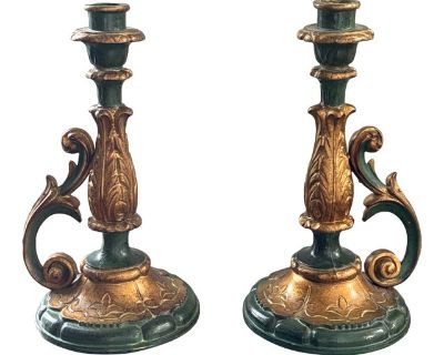 Vintage Florentine Style Green and Gold Candle Holders--a Pair
