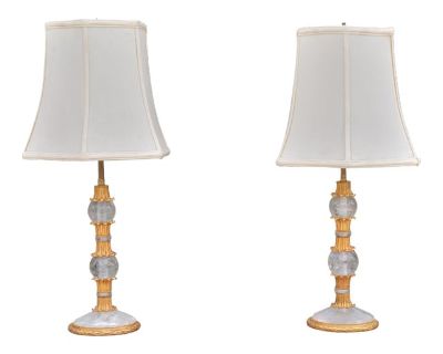 Pair of Hollywood Regency Style, Gilt Metal, Rock Crystal, Table Lamps, France, 1940s