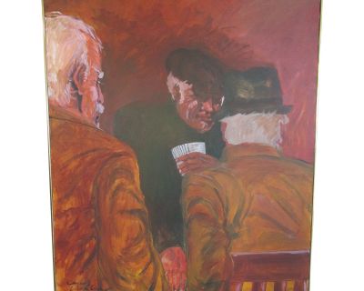 1970s Large Vintage Framed Painting of Card Players by Charles Wilhelm