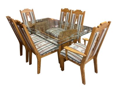 1990s Etched Beveled Glass Top Pedestal Dinning Table With Matching Southwestern Chairs - Set of 7