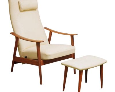 1960s Stokke Mobler White Leather Recliner & Ottoman