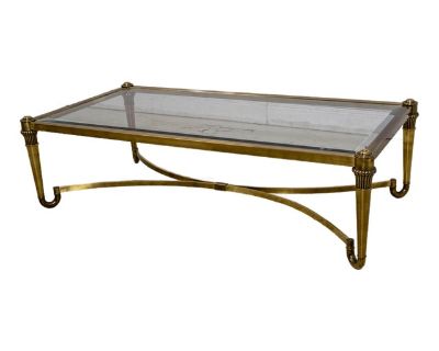 Age: Approx: 40 Years Old Details: Beveled Glass Top Antique Brushed Brass Finish High Quality Construction Solid Brass Hardware Stretcher Base Frame Unusual Turned Legs U shaped Stretcher Tapered Legs Un-Marked As To Manufacture Offered @ Fraction Original Retail Cost Condition: Excellent Condition - Minor Signs Of Light Household Use-Age Some Patina To Finish Some Scratches To Glass Size: 55w...