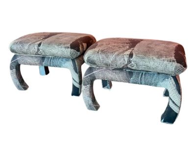 Unique design on these ottomans, from the abstract 80s print to the ming style legs. These would complement many settings or be a great standout feature on their own. Extremely comfortable and well made. Maker unknown. Dimensions 26 W 20 D 18 H Styles Abstract Postmodern Seat Height 18.0 in Period Late 20th Century Country of Origin United States Item Type Vintage, Antique or Pre-owned Shop Sus...