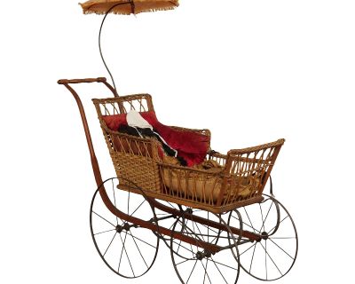 Antique Victorian Wicker Carriage Stroller with Umbrella