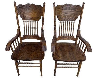 Vintage Late 20th Century Pressed Back Oak Arm Chairs - Set of 2