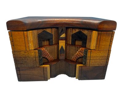 1970s Vintage Po Shun Leong Mahogany Hand Carved Architectural Jewelry Box