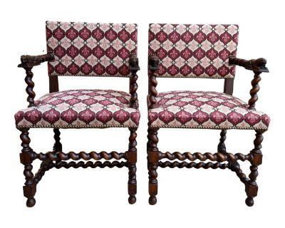 Pair Set Antique French Arm Chair Barley Twist Oak Renaissance Lion Fleur De Lis