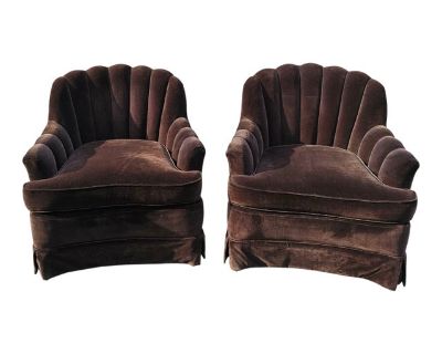 Pair of Vintage Chocolate Brown Velvet Art Deco Inspired Channel Back Club Chairs by Pearson