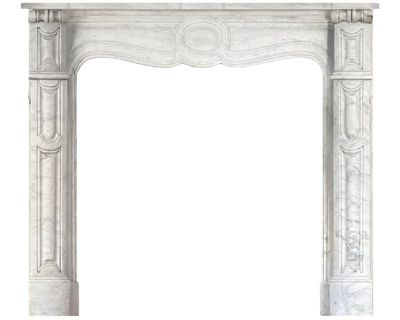 This elegant white marble mantel features refined neoclassical detailing with a central oval medallion and softly curving frieze. Its paneled pilasters and restrained ornamentation reflect the Neo-classical revival styles popular in late 19th- to early 20th-century America. A timeless piece, it blends sculptural craftsmanship with the clean luminosity of the marble. Dimensions: Overall: 42"W X ...
