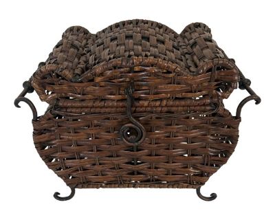 Vintage Boho Wood and Iron Wicker Rattan Basket With Handles Lid and Clasp