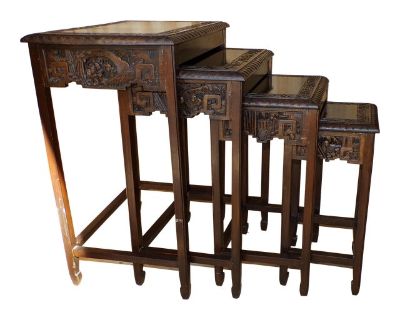 Vintage Set of 4 Asian Solid Wood Hand Carved Nesting Tables