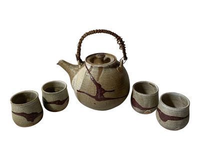 1970s Pottery Tea Pot and Cups Set- 5 Pieces