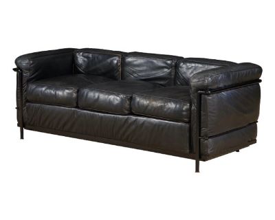 Early Year LC2 Black Leather Three-Seat Sofa by Le Corbusier for Cassina, Signed