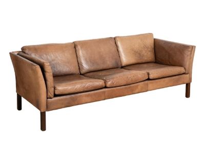 Mid Century Brown Leather Three Seat Sofa, Denmark