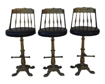 Set Three Vintage Cast Iron Gold & Black Swivel Barstools Bar Stools ~ Spanish