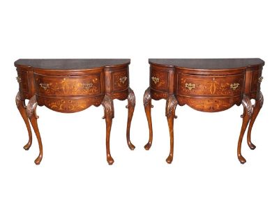 Pair of Inlaid Walnut Edwardian Style Consoles by John Richard With Parrots