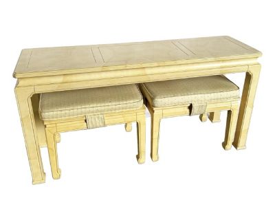 Vintage Faux Goat Skin Lacquered Console Table With Low Stools by Henredon