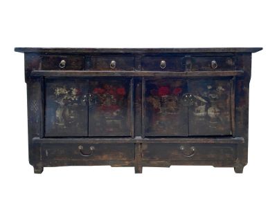 Oriental Vintage Distressed Flower Black Tv Console Sideboard Cabinet
