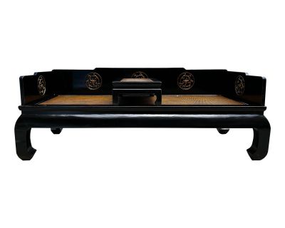 Chinese Solid Wood Black Lacquer Golden Dragon Relief Motif DayBed Couch