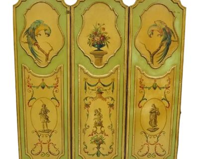Antique French Louis XV Green Painted Parrot 3 Panel Venetian Room Screen