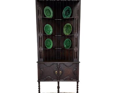 Antique English Jacobean Corner Cabinet Barley Twist Legs Oak Key Tall 1920s