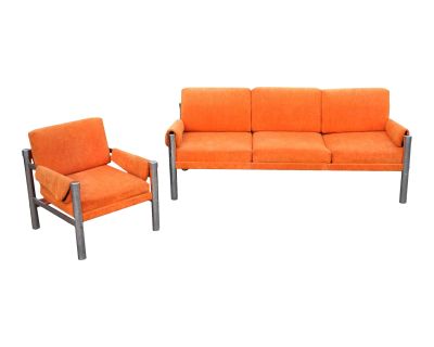 1970's Modernist Milo Baughman Era Chrome Tubular & Orange Velvet Sofa Couch & Lounge Chair