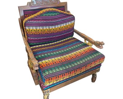Vintage Ornelas Mexican Chair Carved Jaguar & Serpent With Turquoise Stone Eyes With Guatemalan Woven Cushions