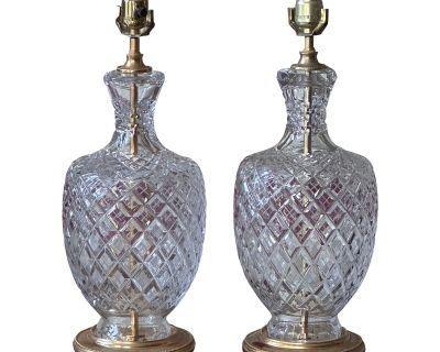 Elegant French Crystal Table Lamps With Fancy Brass Bases - a Pair