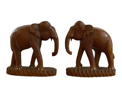 Vintage Teak Wood Hand Carved Elephant Bookends - a Pair