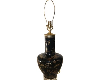 Antique Paper Mache Black & Gold Chinoiserie Vase - Designer Table Lamp