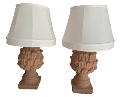 Pair of Vintage Terracotta Artichoke Table Lamps/Custom Silk Lamp Shades