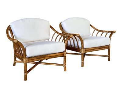 Mid-20th Century Organic Modern Rattan Custom Upholstered Lounge Chairs by McGuire